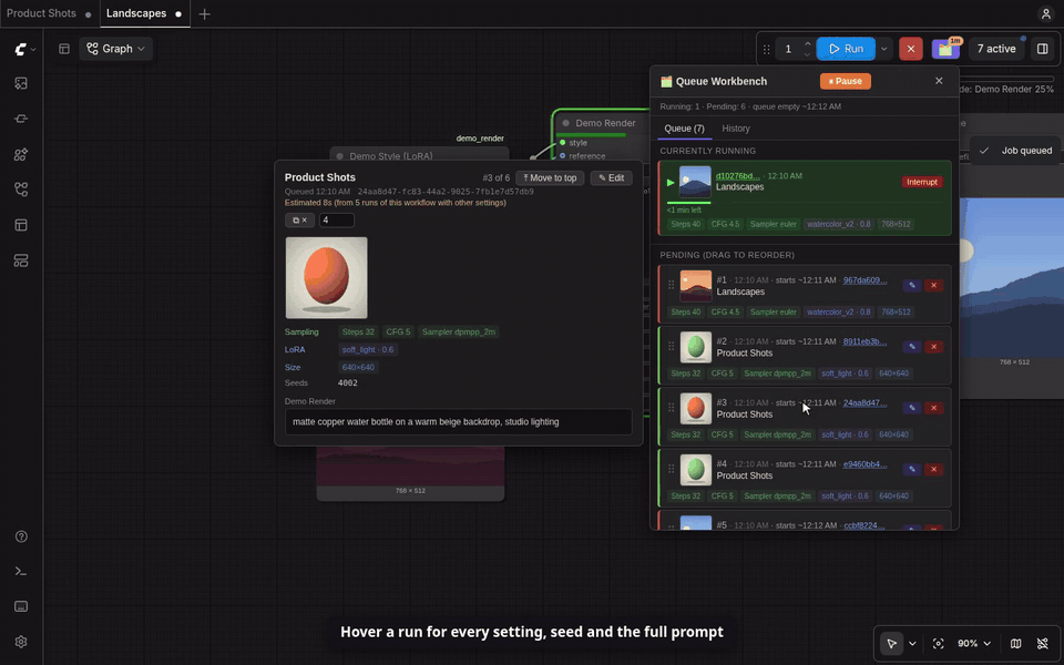 Hover card with settings, seeds and prompt
