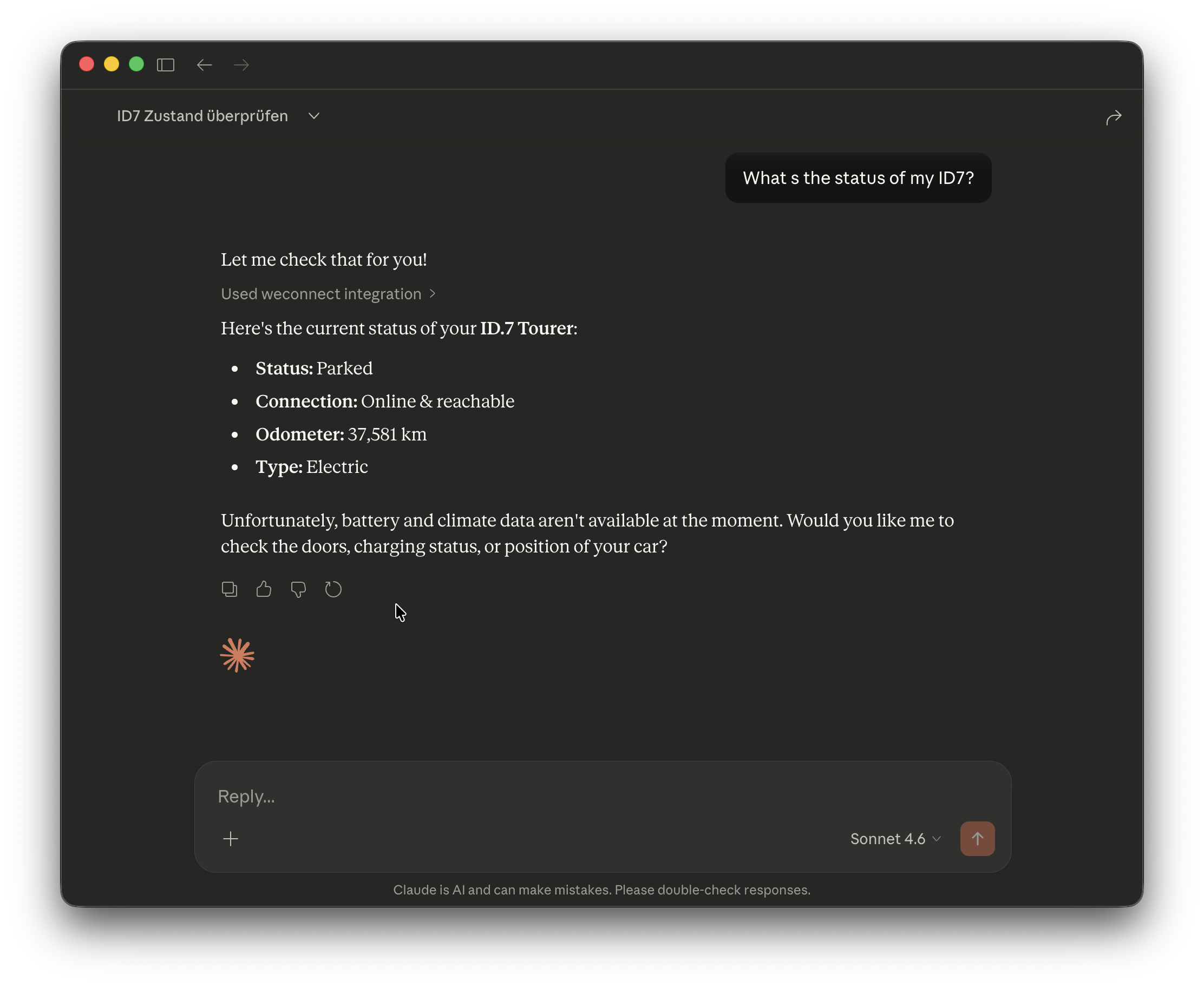 Claude showing vehicle status