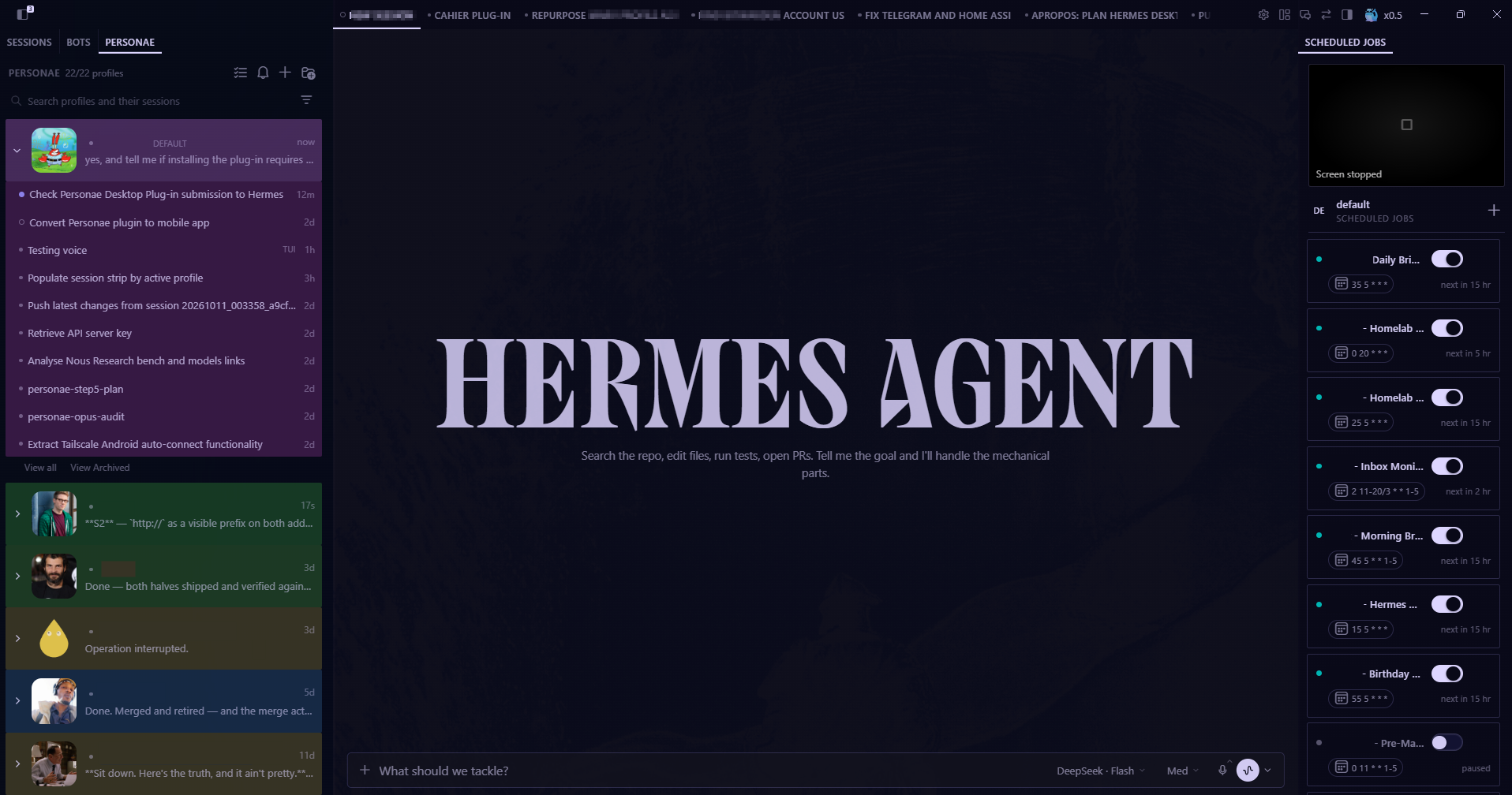 The Personae tab in the Hermes Desktop app: the profile rail on the left with the default profile expanded into its sessions, and the Scheduled jobs pane on the right