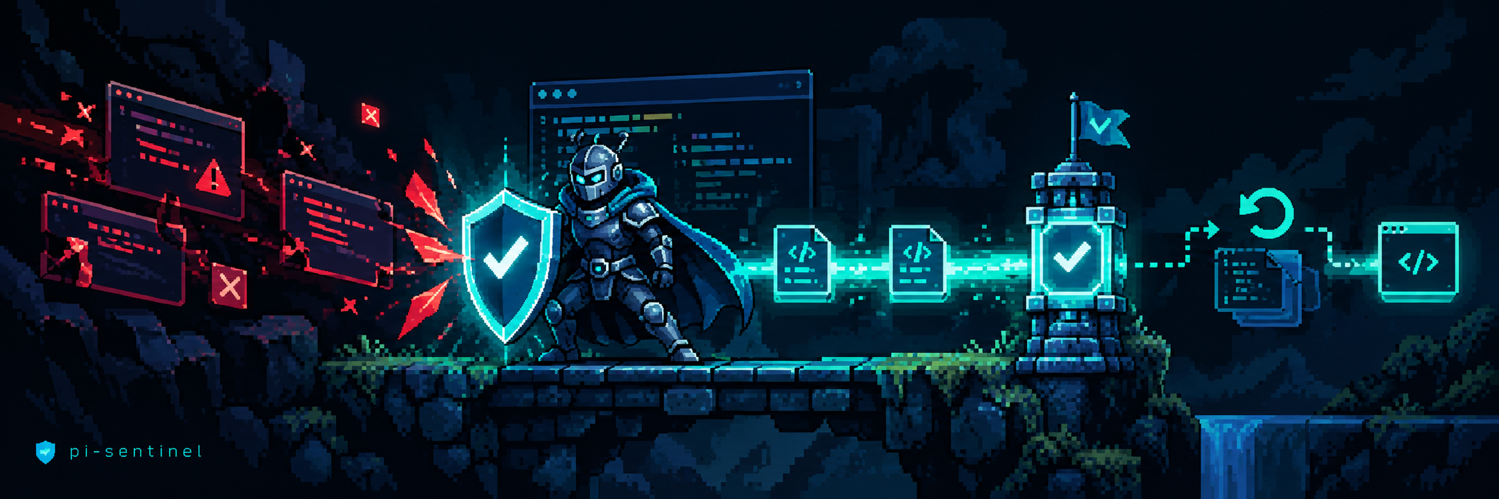 A knight with a checked shield blocking red error windows on a bridge, while verified files continue past a checkpoint tower towards a green check