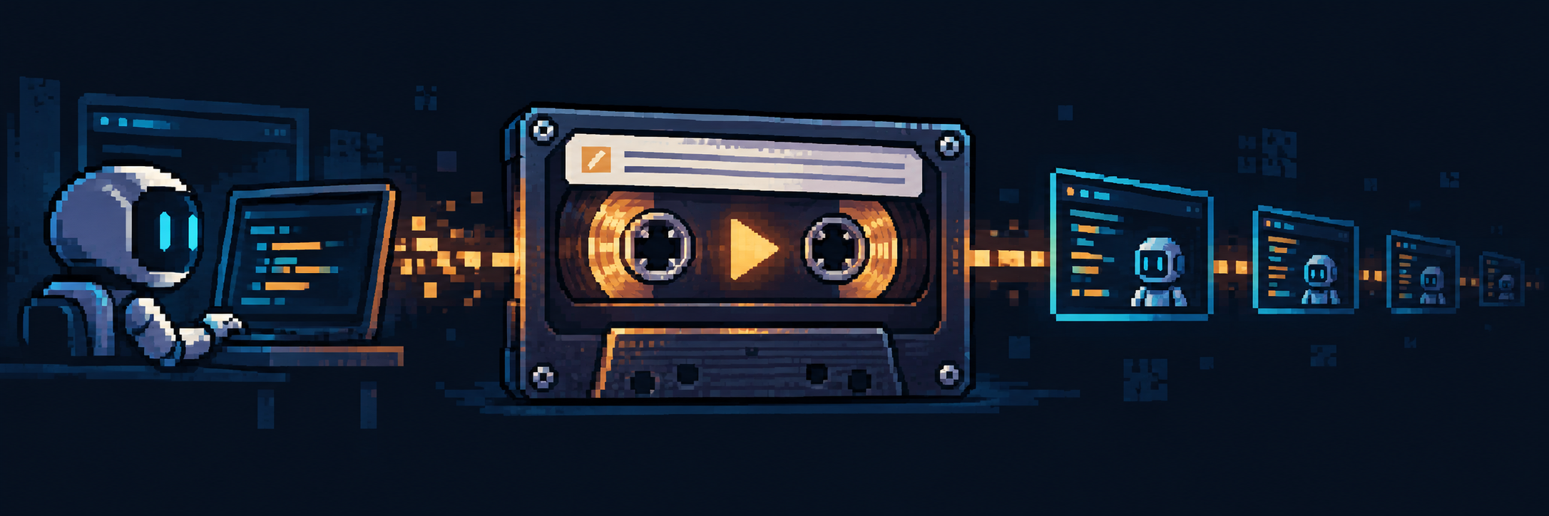 A pixel robot holding a data cassette