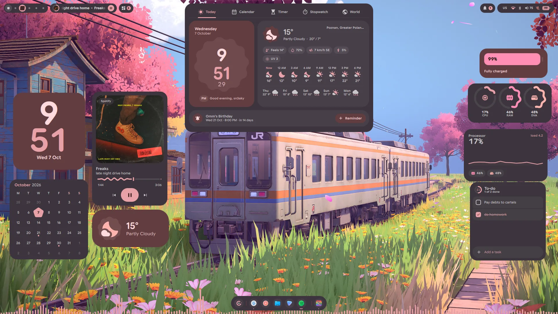 The clock app on its Today page, among clock, music, calendar, weather, battery, system and to-do widgets