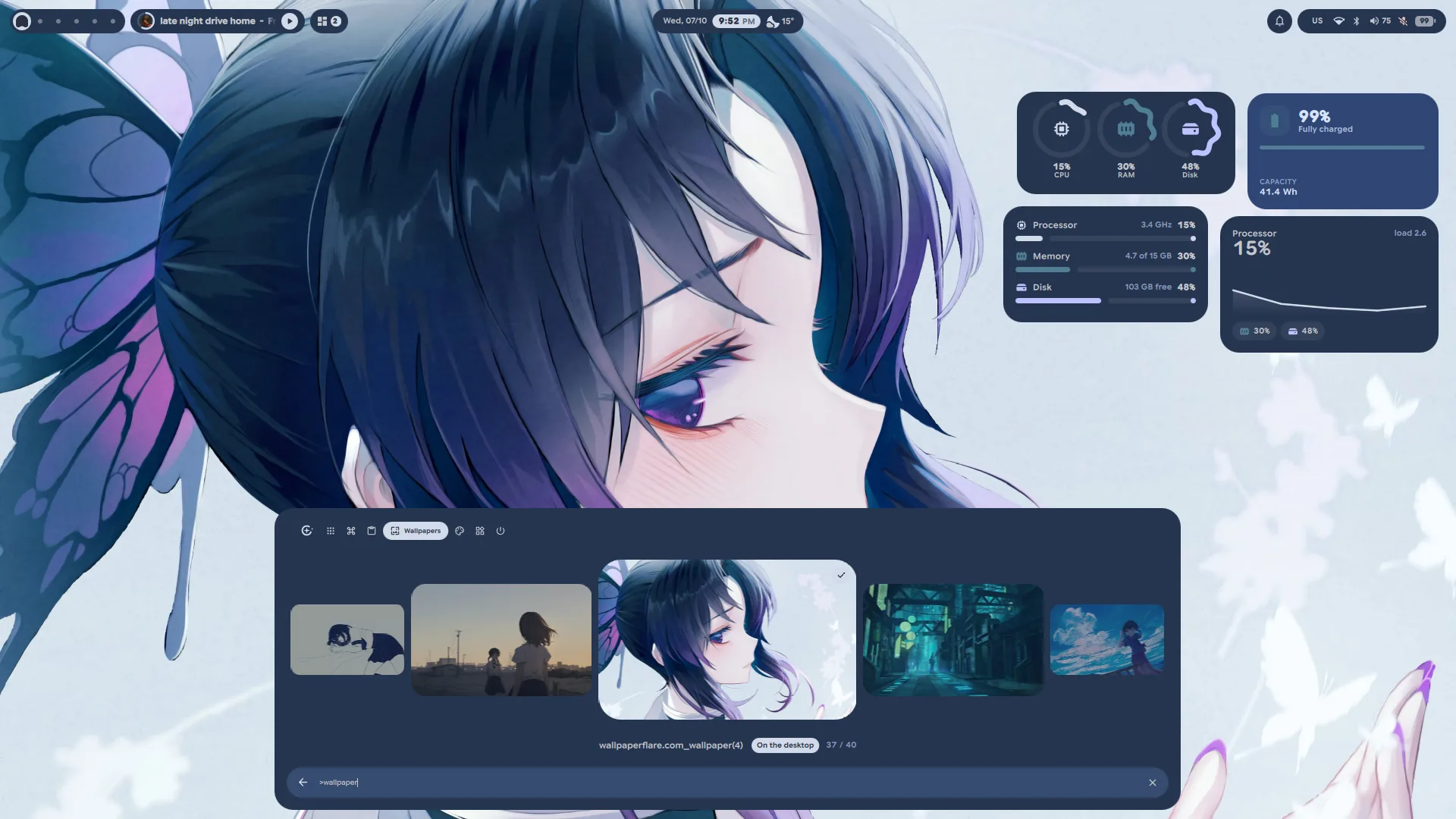 The launcher in its wallpaper mode, its other modes along the top
