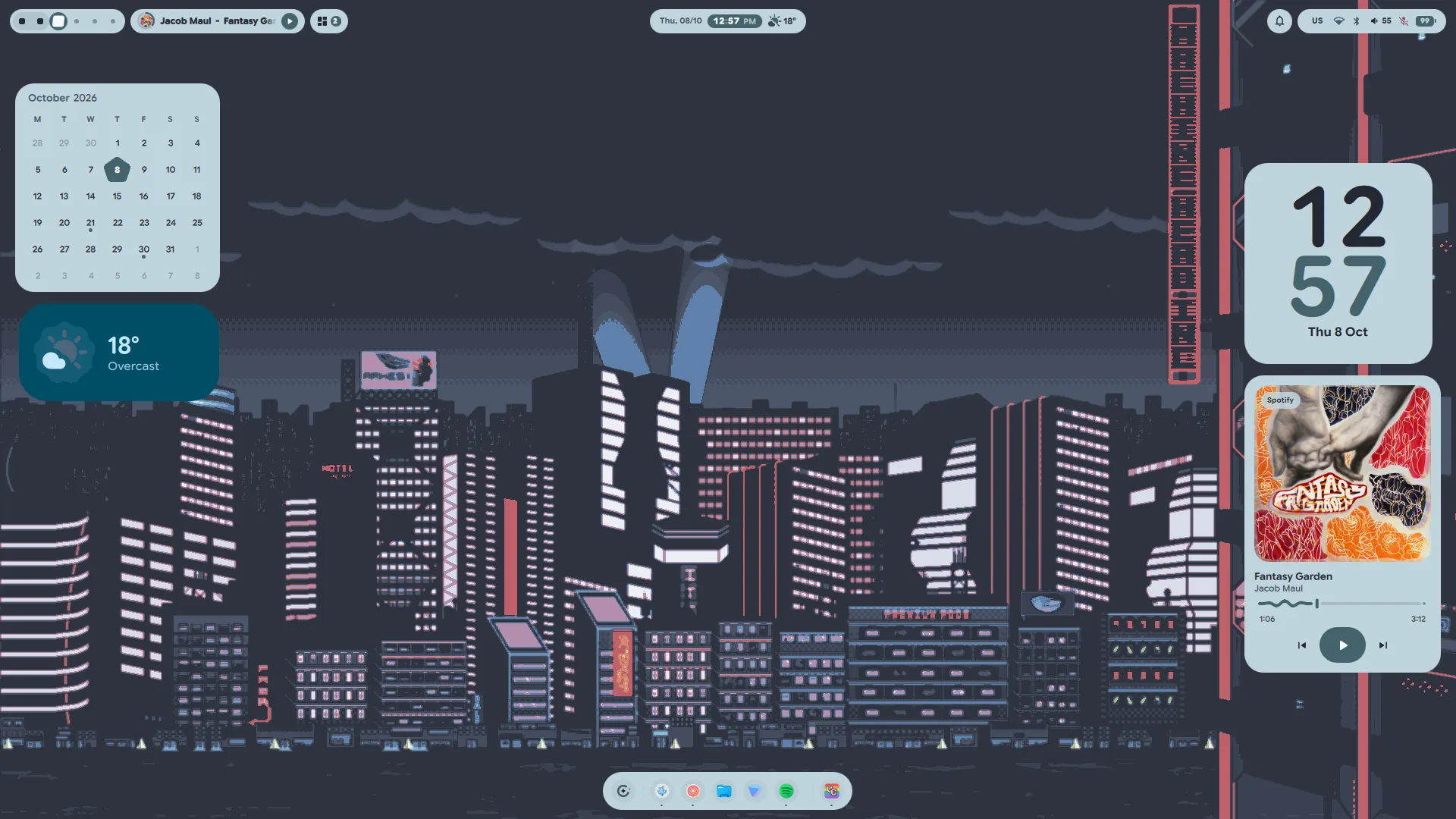 Lucid in light mode: pale blue widgets, bar and dock over a pixel-art city at night