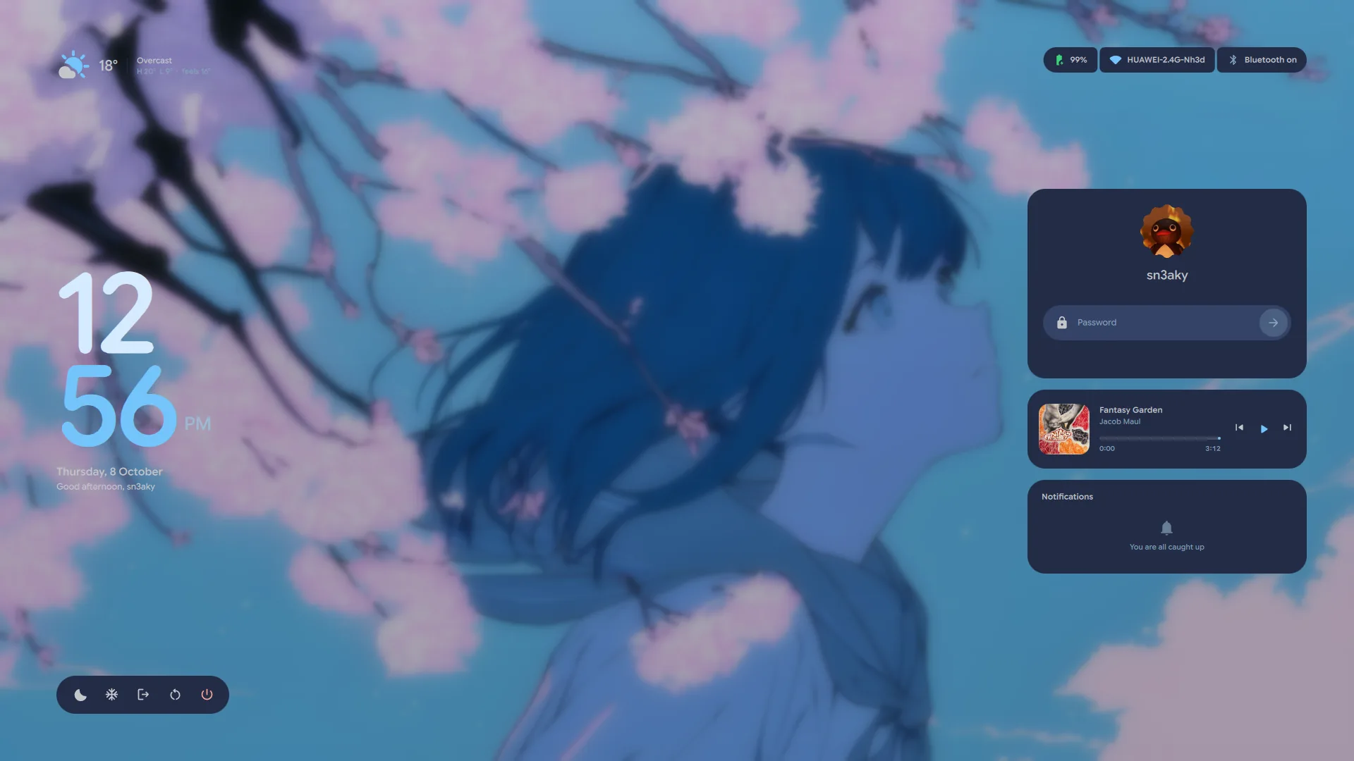 The Lucid lock screen: the weather and a large clock on the left, and the sign-in card, the song playing and notifications on the right