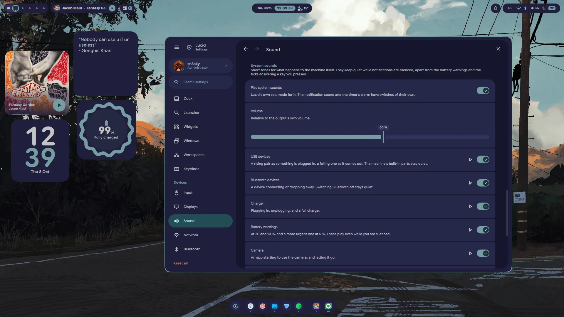 Settings on the Sound page: the system sounds, each with a switch and a play button