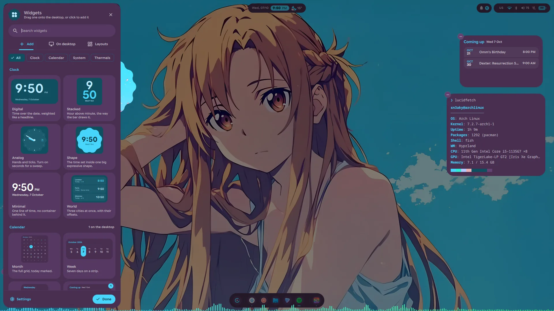 The widget panel on its Clock gallery, beside a Coming up card and lucidfetch on the desktop