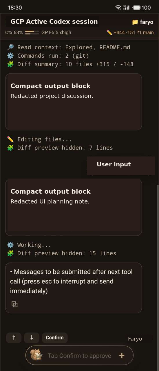 Faryo Owner session view showing compact output, agent metadata, approval controls, and composer