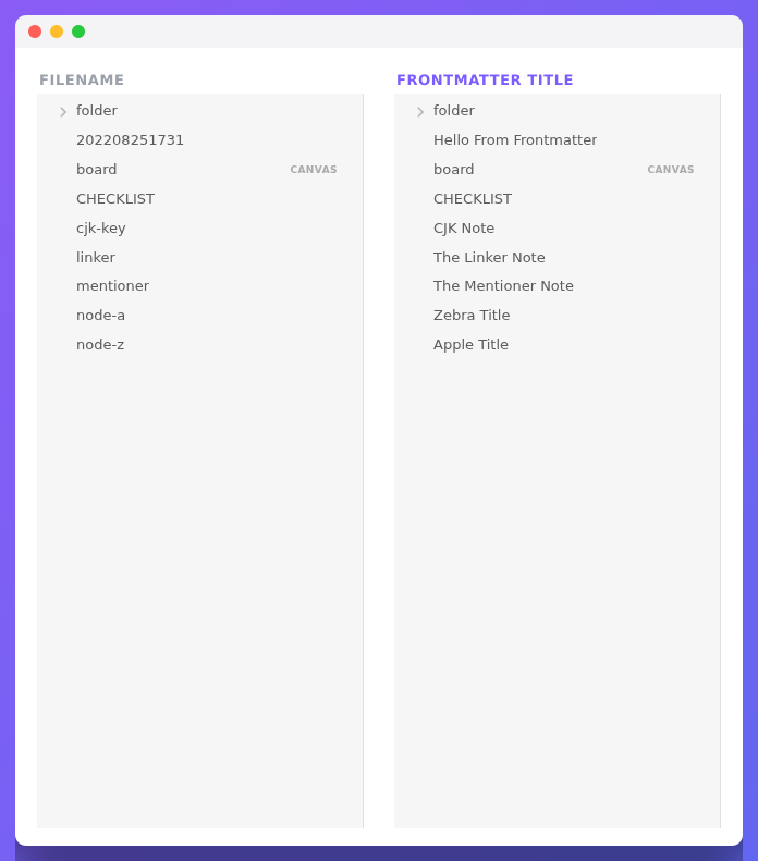 Front Matter Title — the same file explorer showing filenames versus frontmatter titles