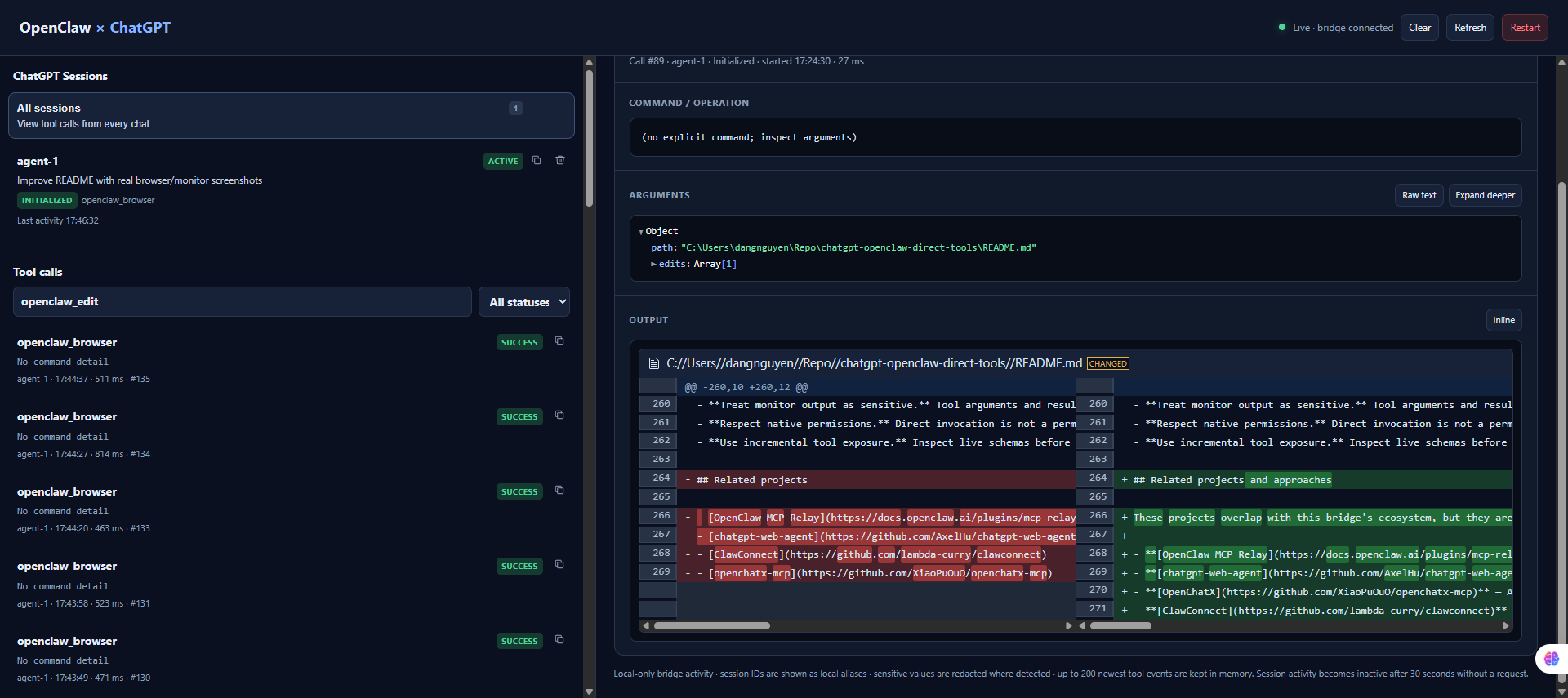 Side-by-side diff rendering in the local call monitor