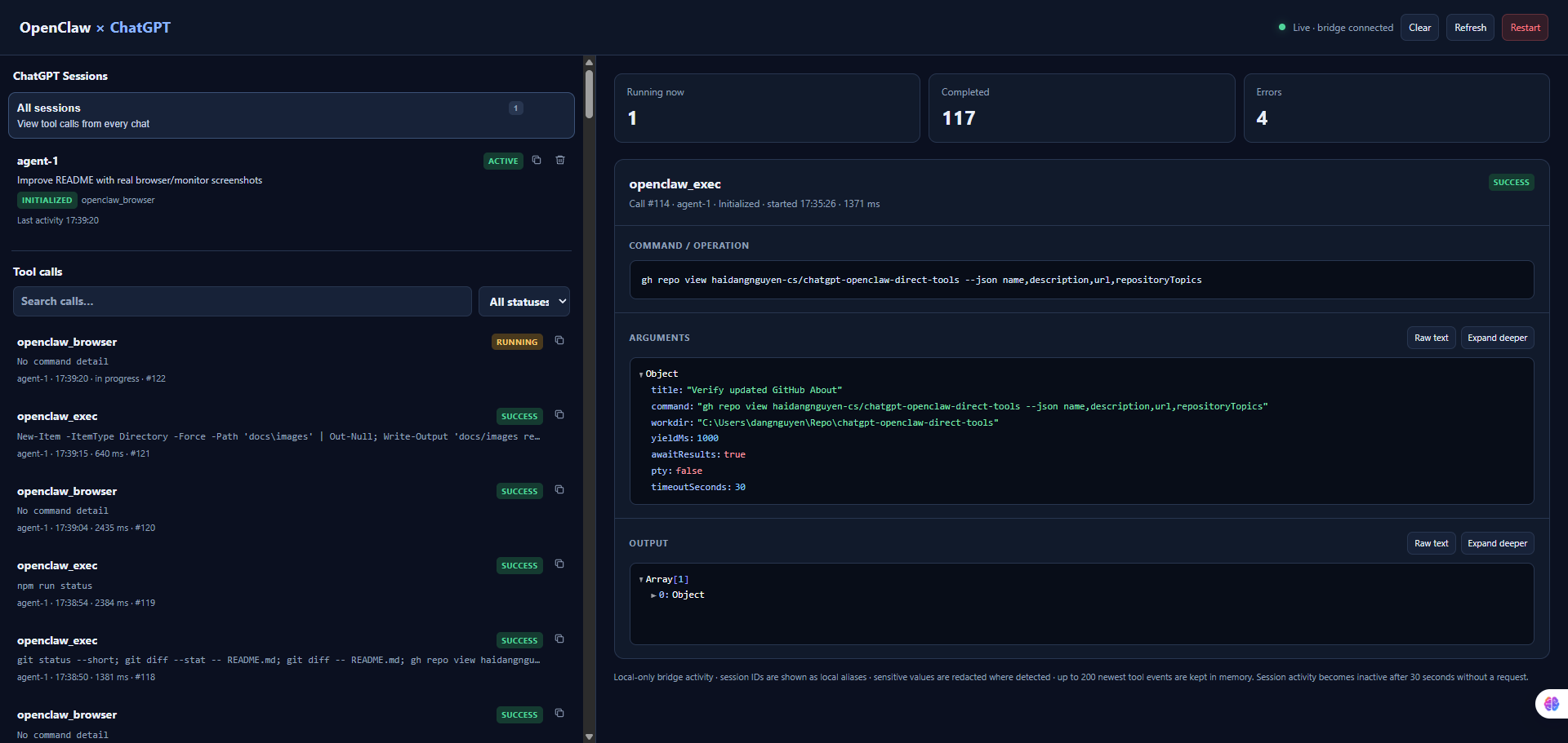 Local call monitor overview showing active sessions, tool-call history, and invocation details