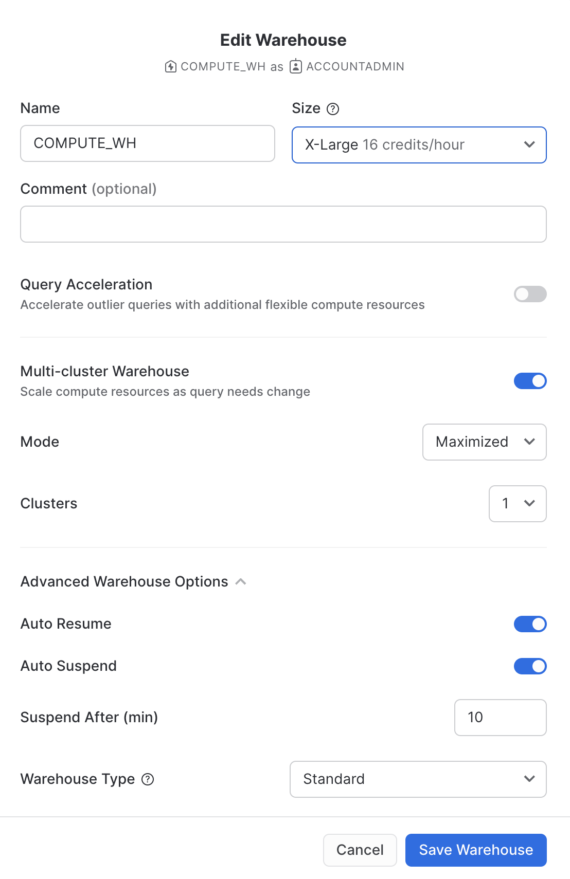ウェアハウス構成の設定