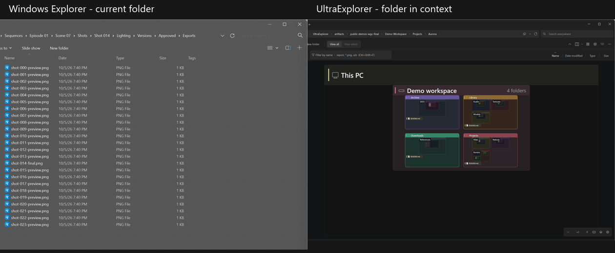 Native Explorer Details view on the left and UltraExplorer's animated canvas on the right, showing the same folder