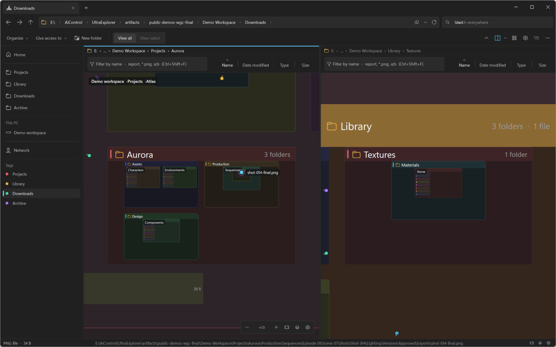 Two independent canvas panes for moving between project folders