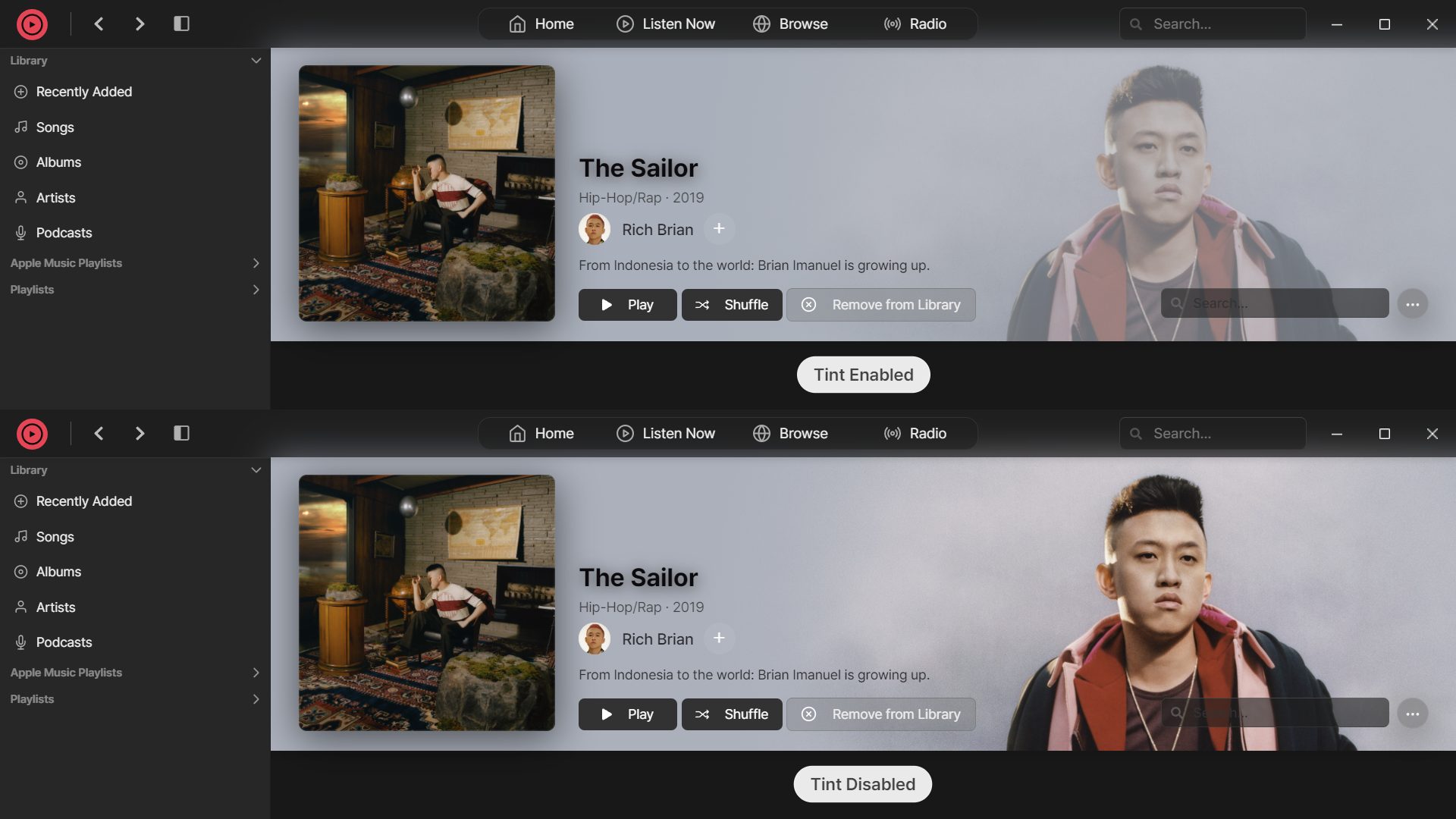Comparison of the Cider interface before and after applying the theme