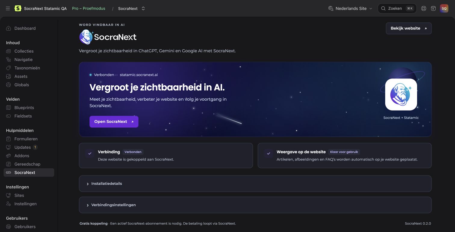 SocraNext connection in the Statamic Control Panel