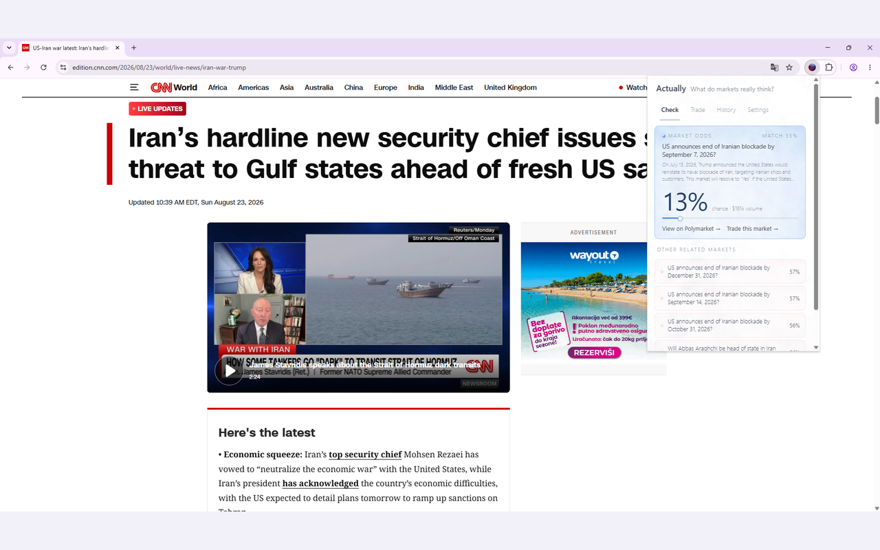 A news article matched to a live Polymarket market