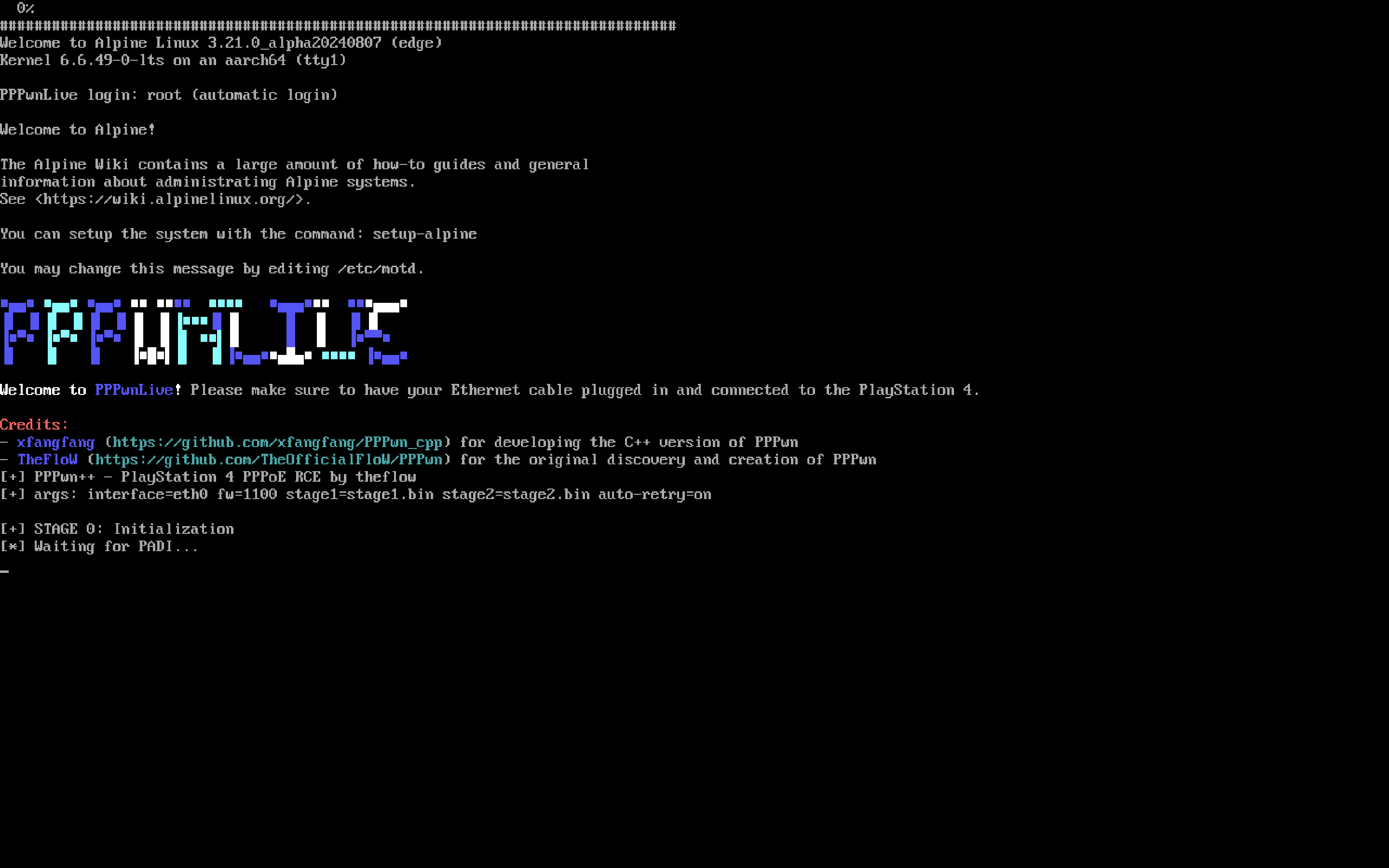 Screenshot of PPPwnLive ISO booted, showing a terminal interface with system information and instructions