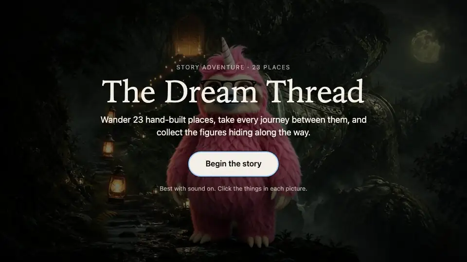 The Dream Thread playing in the kit's player: the Begin card, then Simon, a pink sloth with round glasses and a small horn, on a moonlit path below a stone giant, with clickable labels. Simon's outline lights up, he is picked up and turned over as a 3D figure, then the giant's outline lights, a click, and the giant's hand lifts him up to a garden above the clouds.