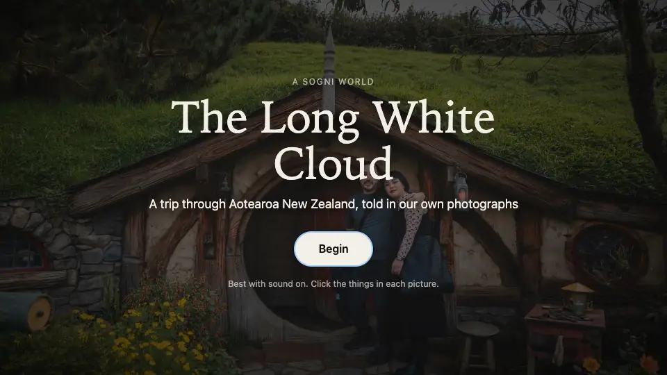 The Long White Cloud playing in the kit's player: the Begin screen, then a living photograph of Mark and Jen at a round hobbit door in Hobbiton with clickable labels. The door's traced outline lights up, a click, and a film ducks through the door and a root-lined passage, landing at Te Pā Tū in Rotorua, where Mark's narration appears as a subtitle.
