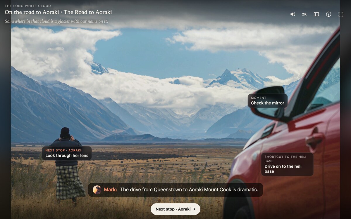 The player at The Road to Aoraki: a woman photographing the mountains beside a red car, with labels for the next stop, a moment and a shortcut, and Mark's narration as a subtitle.