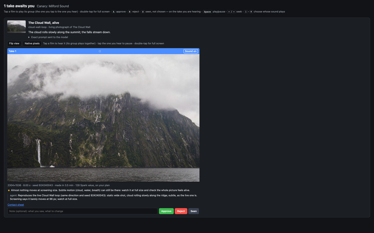 The kit's local review page: a new take of The Cloud Wall playing with its seed, render time and cost, a screening note, the agent's note, and Approve, Reject and Seen buttons.