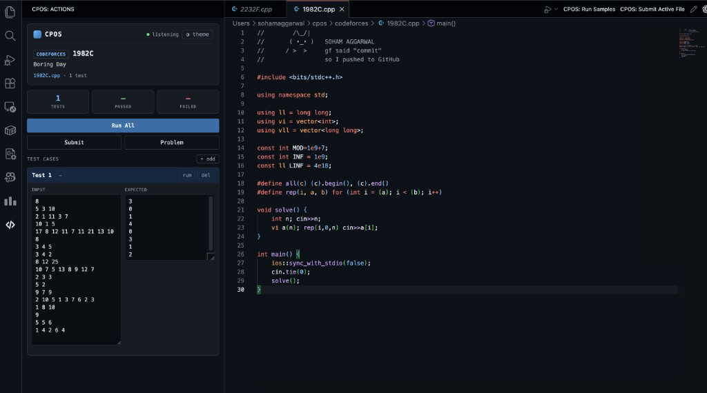 CPOS VS Code panel with test cases, Run All, Submit, and a Codeforces solution open