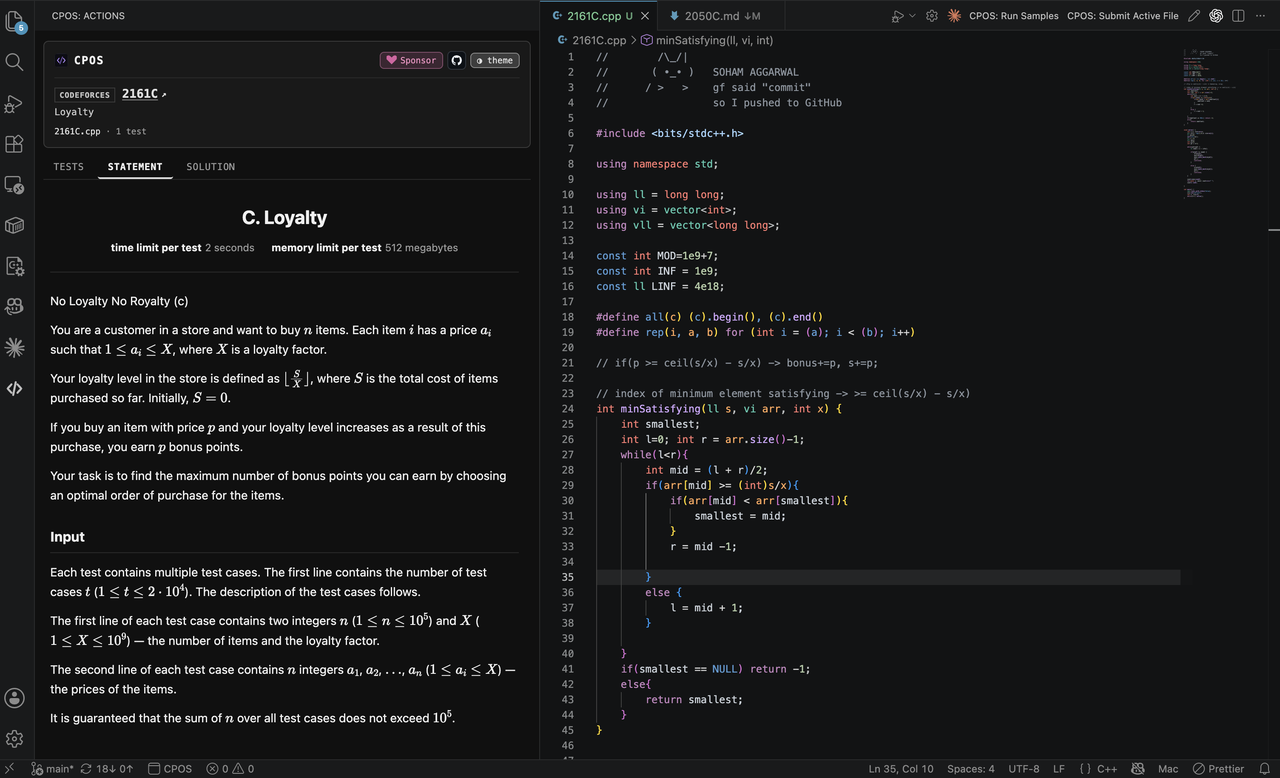 CPOS VS Code panel rendering a Codeforces problem statement in a native Statement tab next to the editor