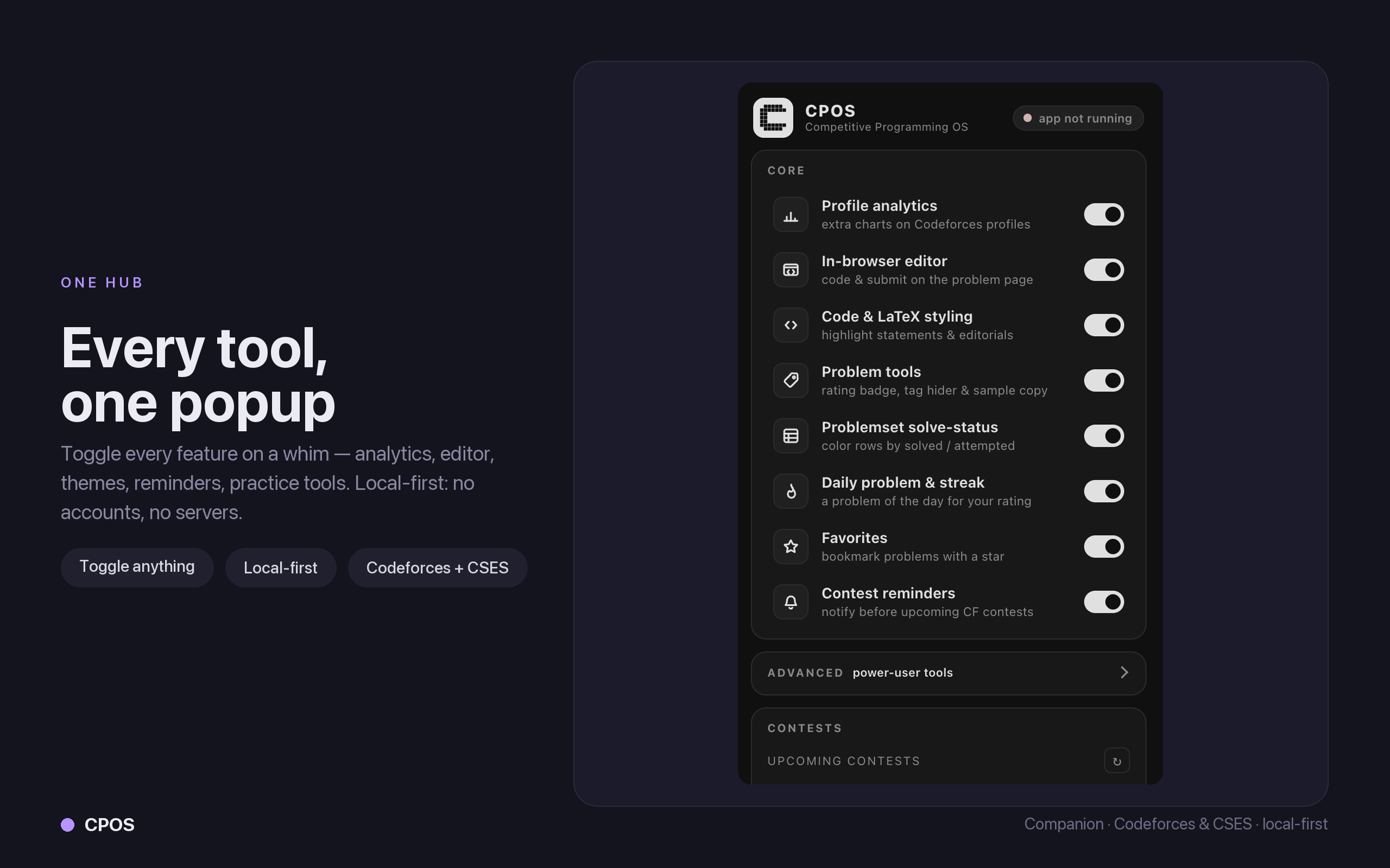 CPOS companion popup — every feature toggles in one place