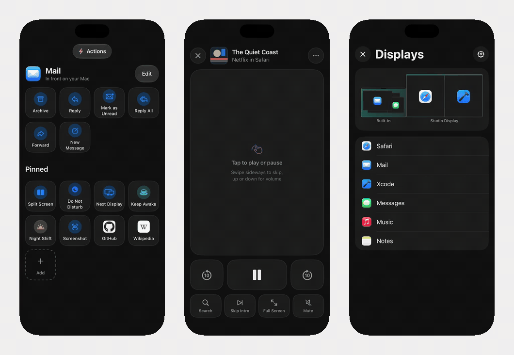 Three iPhones running Glasspad. Left: Actions, buttons for Safari, the app in front on the Mac. Middle: Remote, a touch pad playing a movie in Safari with skip, Skip Intro and Full Screen keys. Right: Displays, a map of two displays with a window moving between them.