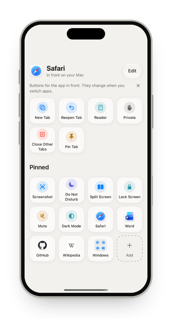 Actions: buttons for Safari, the app in front, above your Pinned buttons