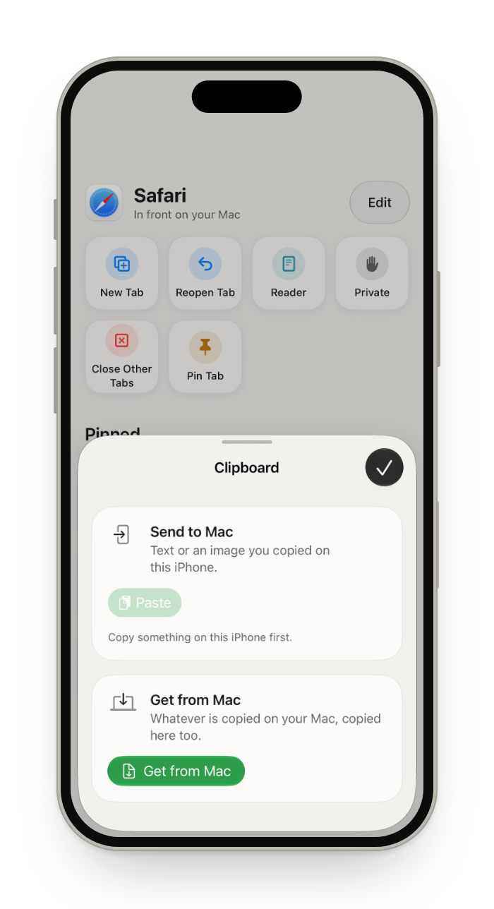 Clipboard sheet: Send to Mac and Get from Mac