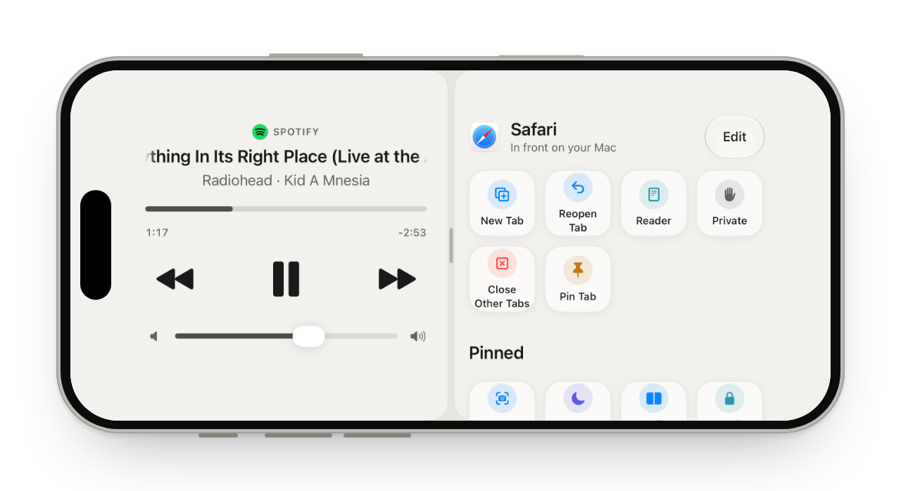 A layout: Media and Actions side by side on an iPhone held sideways