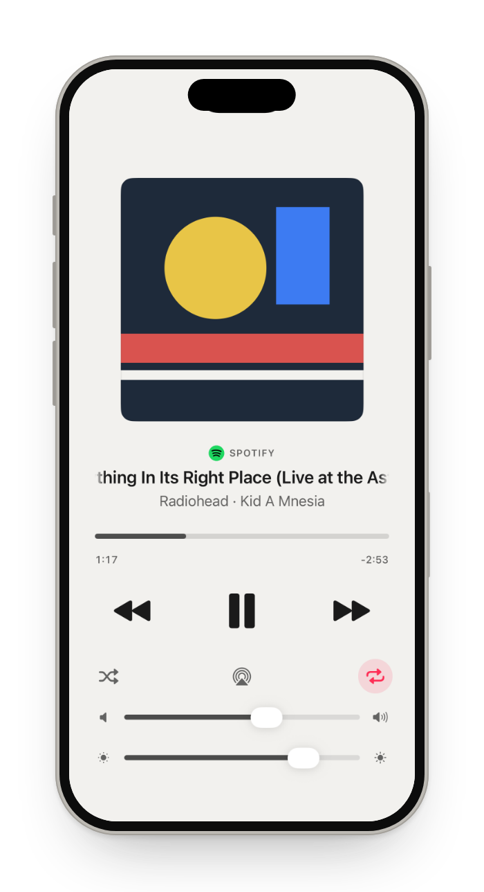 Media: artwork, scrubber, volume and brightness for the song playing on the Mac