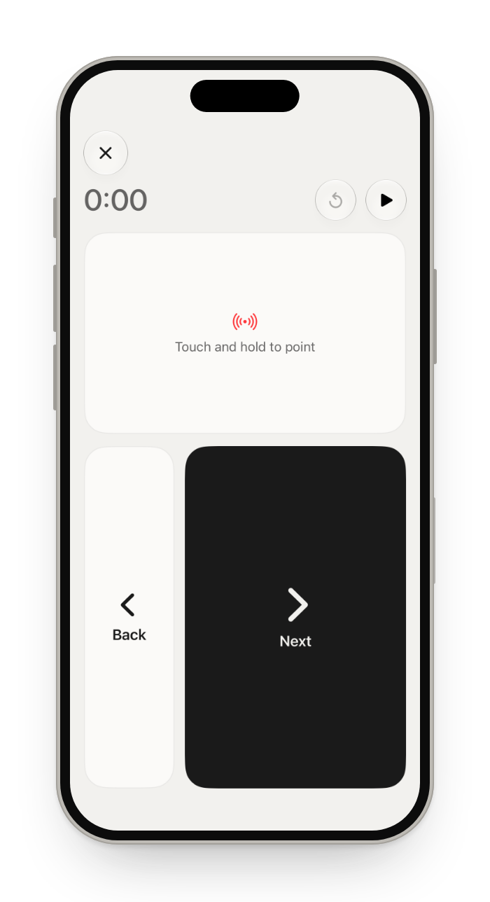 Present: a timer with large Next and Back buttons
