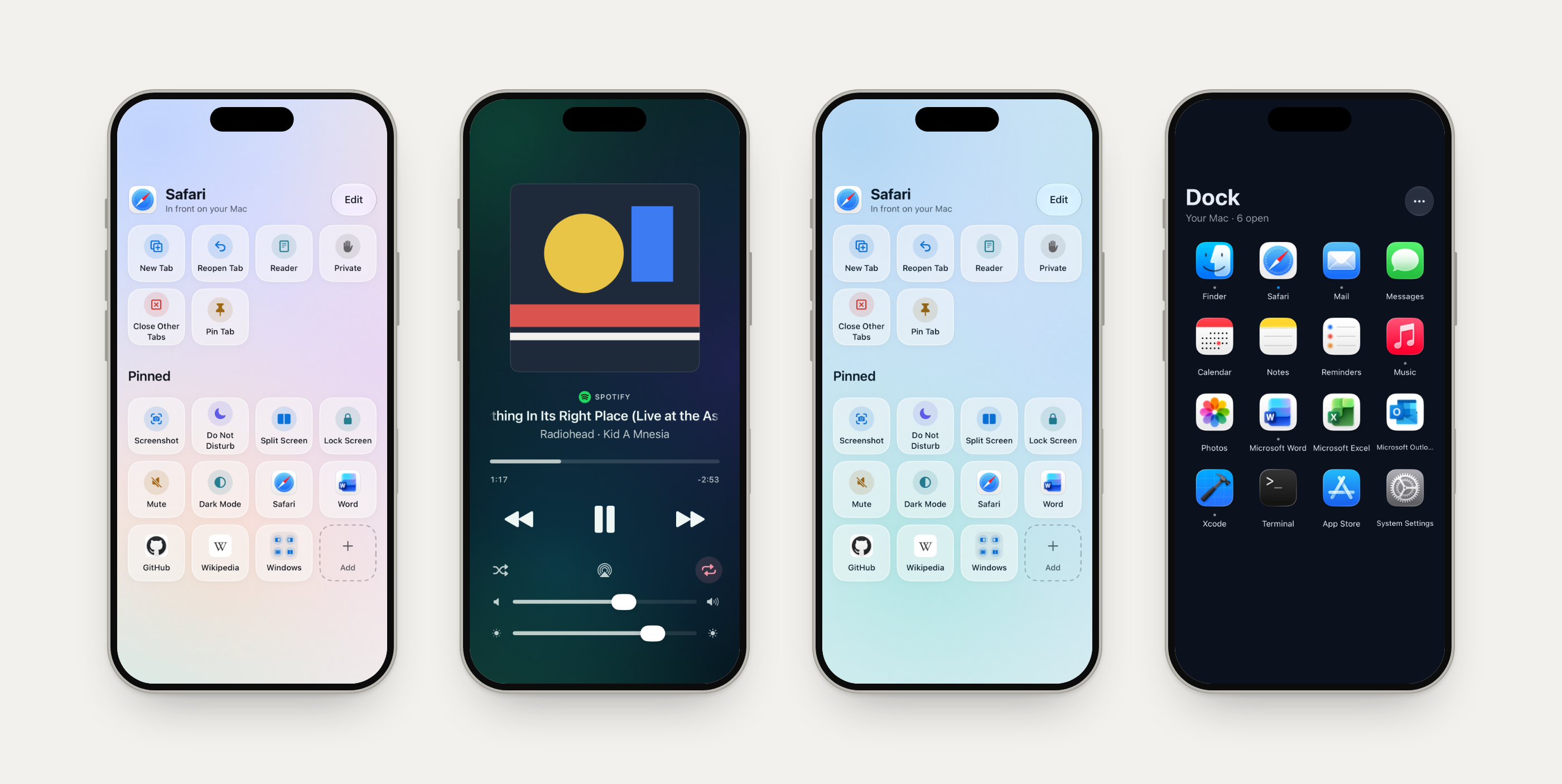Four Glasspad themes: Actions in Glass, Media in Aurora, Actions in Ocean and Dock in Midnight