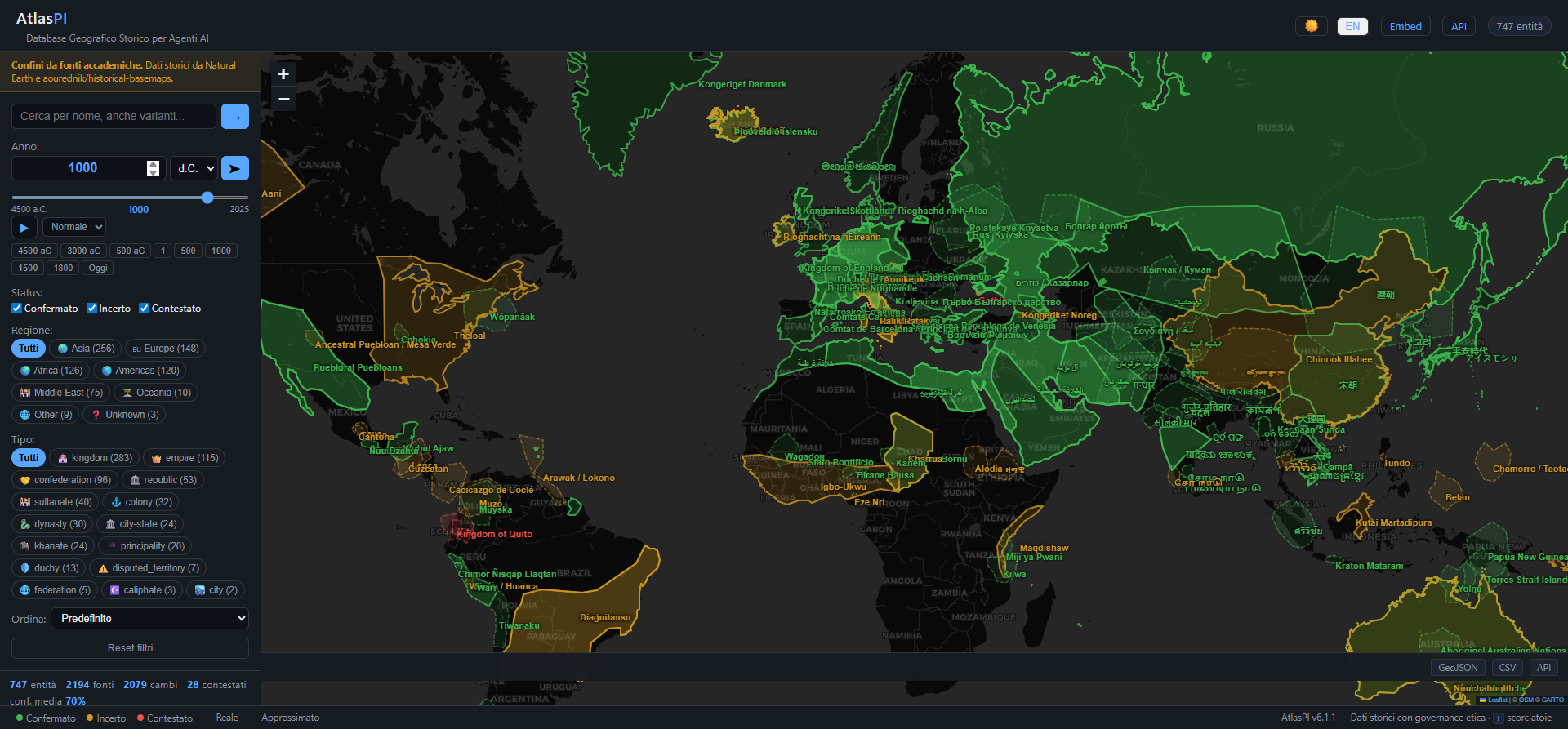 AtlasPI Web UI — the world in 1000 CE, 146 historical entities rendered from primary-source boundaries