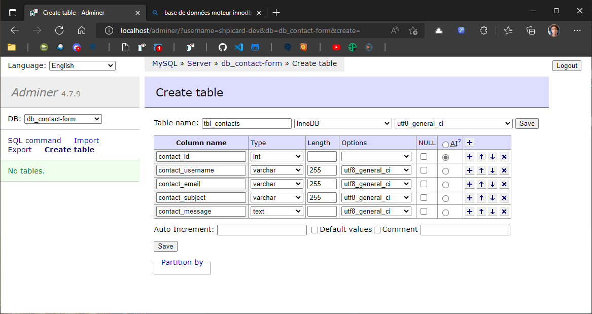 paramétrage de la nouvelle table dans la bdd