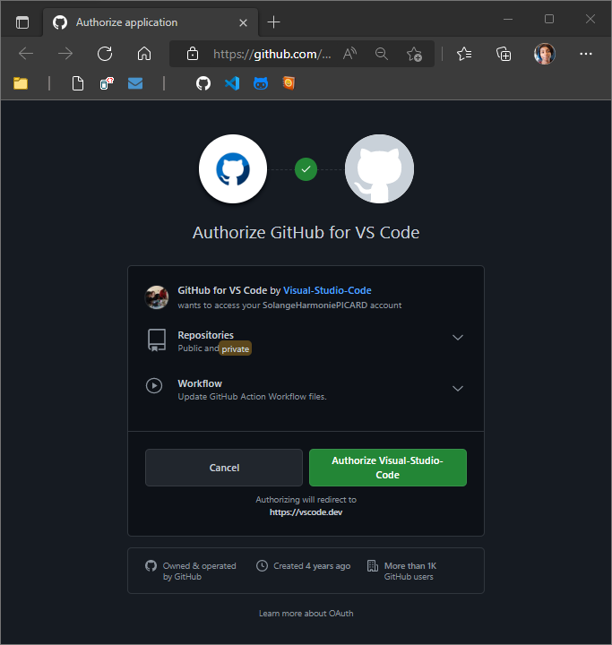 Allow connexion between VSCode & GitHub