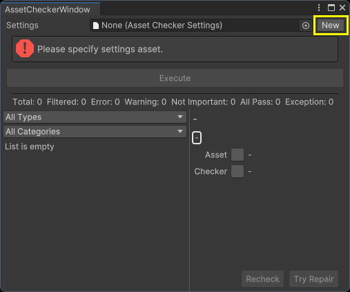 New Asset Checker Settings