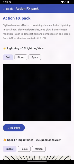 Action-FX pack on Android — forked fractal lightning re-striking with a different branch each time, above manga speed / impact lines