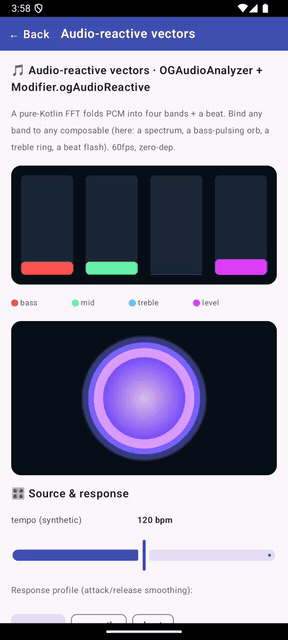 Audio-reactive vectors on Android — a four-band spectrum (bass / mid / treble / level), a bass-pulsing glowing orb and a treble ring, all reacting to a synthetic beat via Modifier.ogAudioReactive