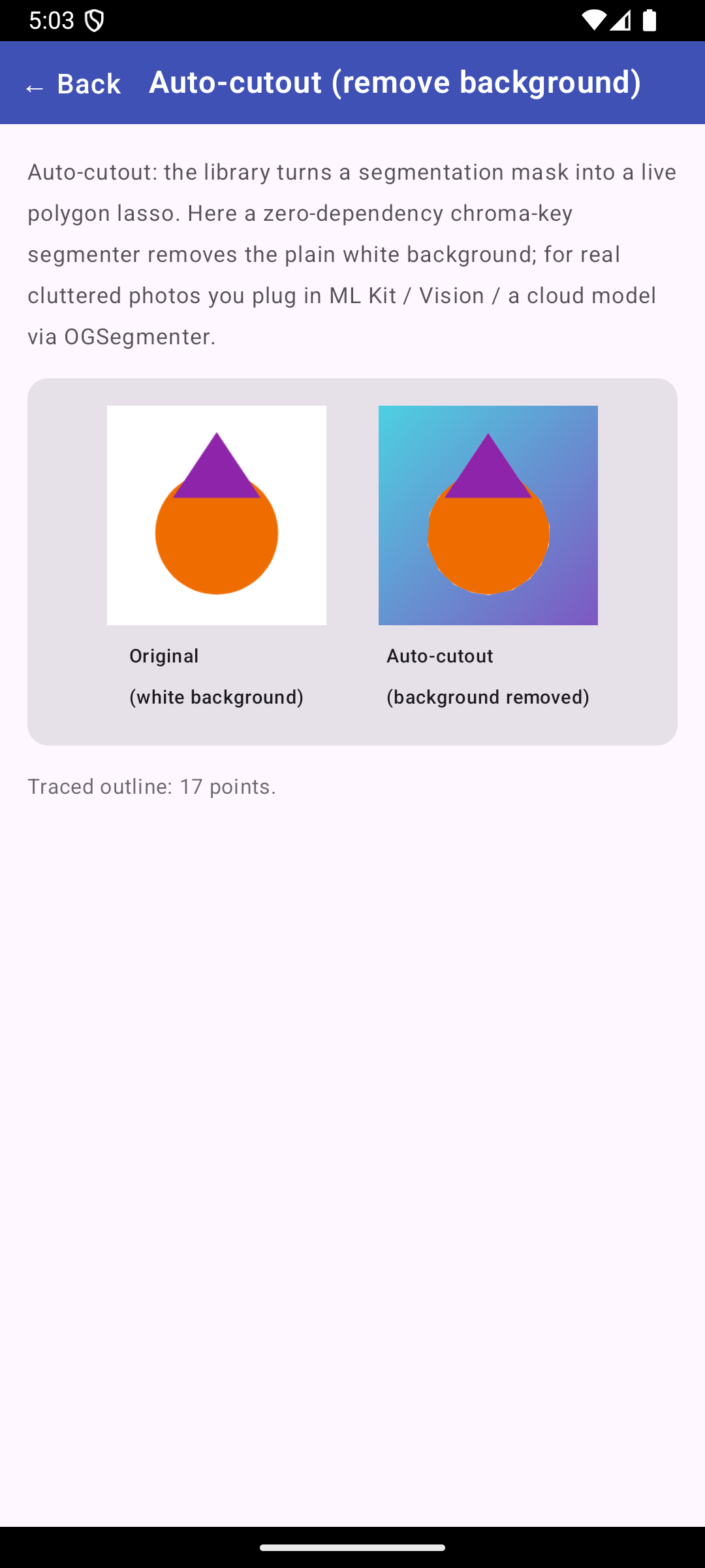 Auto-cutout on Android — a synthetic subject (orange body, purple head) on a white background beside the same subject with its background removed and placed on a gradient, traced to a 17-point polygon lasso by the zero-dependency chroma-key segmenter