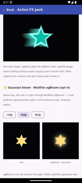 Gaussian bloom on Android — a gold star shown raw on the left and through Modifier.ogBloom on the right, a real platform gaussian blur adding a soft luminous halo that grows and shrinks as the radius cycles from 14dp to 40dp