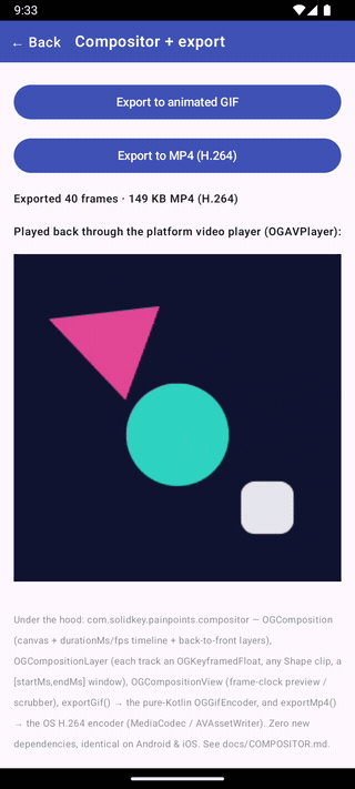The same compositor exporting an H.264 MP4 on Android — the keyframed multi-layer scene rendered to a real .mp4 through MediaCodec, then played straight back in the platform video player