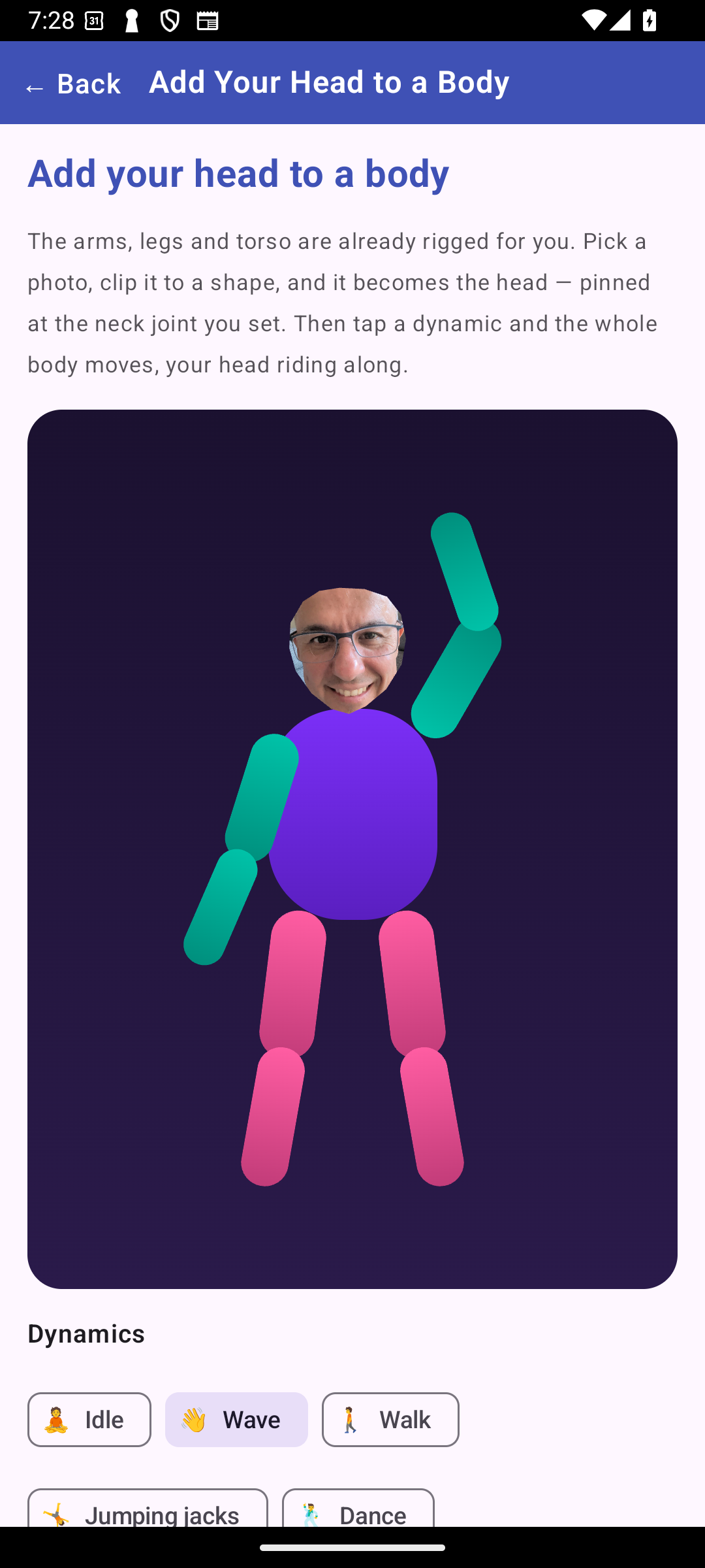 Add your own photo as the head of an already-rigged body