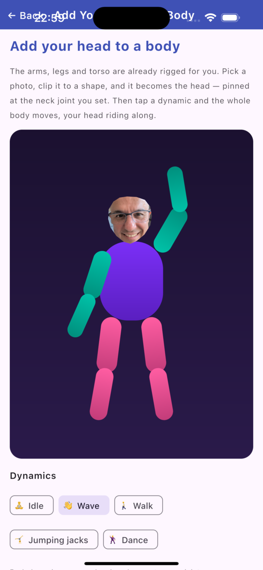 Add Your Head to a Body running on an iOS simulator — the same head lasso