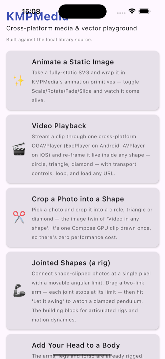The demo home menu running on an iOS simulator