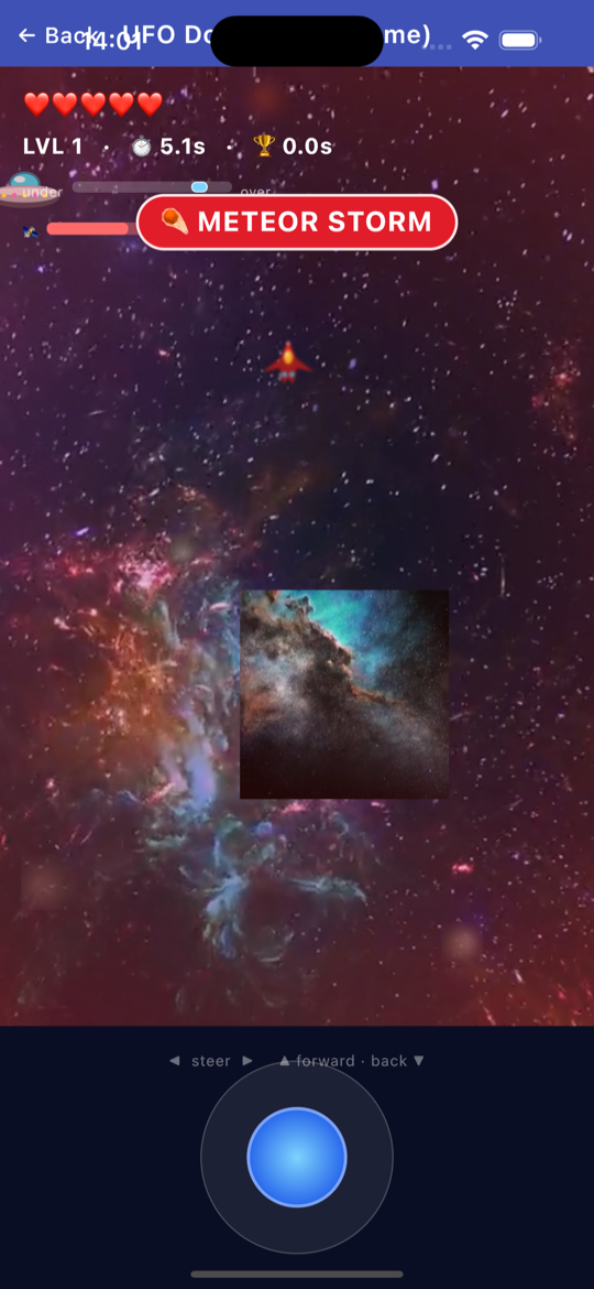 UFO Dodge on iOS — a meteor-storm cue firing