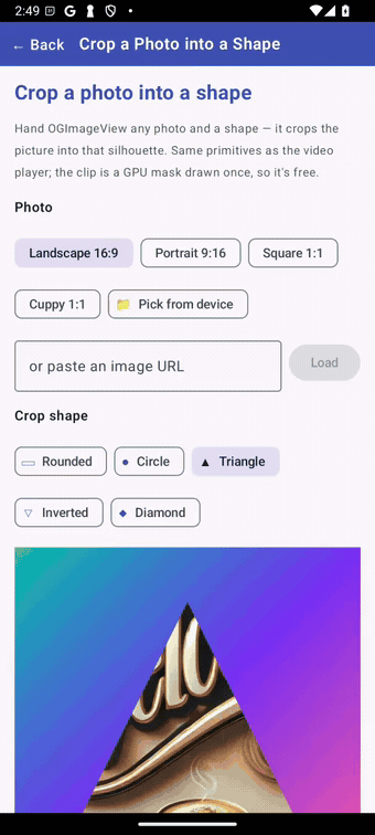 The library's core moves — a photo cropped live into circle, triangle and diamond; a running video re-framed into those same shapes; and a fully-static SVG brought to life with Scale, Rotate, Fade and Slide